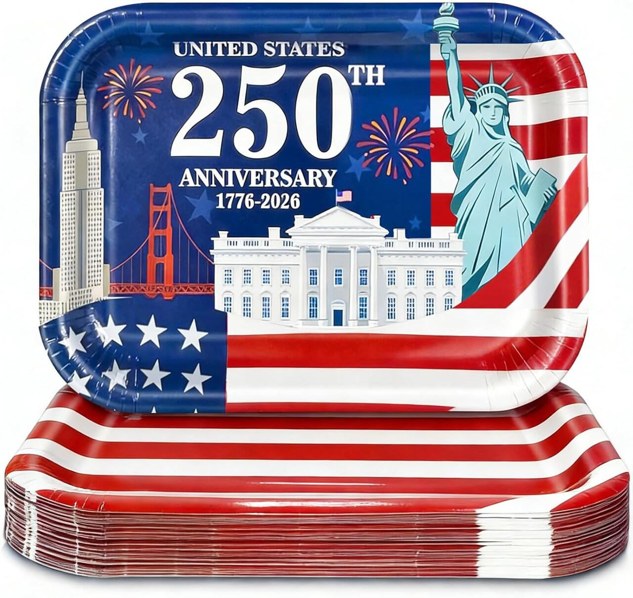 24 Count 250th Anniversary USA Paper Plates 13 x 9.5 inch Disposable American Flag Patriotic Party Snack Trays 4th of July Party Supplies for Independence Day Memorial Day Decoration